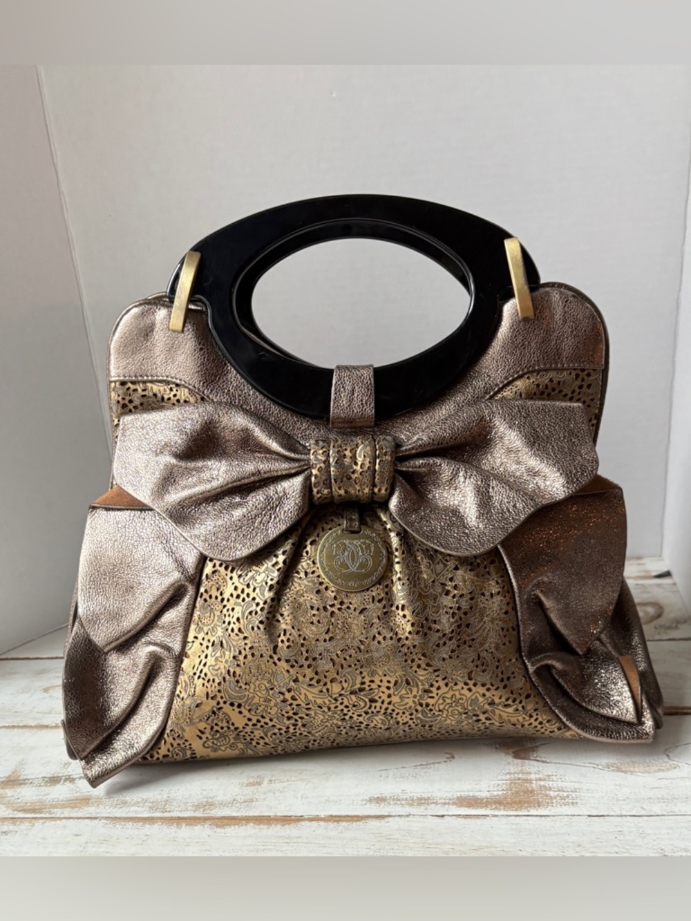 SHARIF Rare leather Bow satchel vintage style bronze copper metallic purse chic